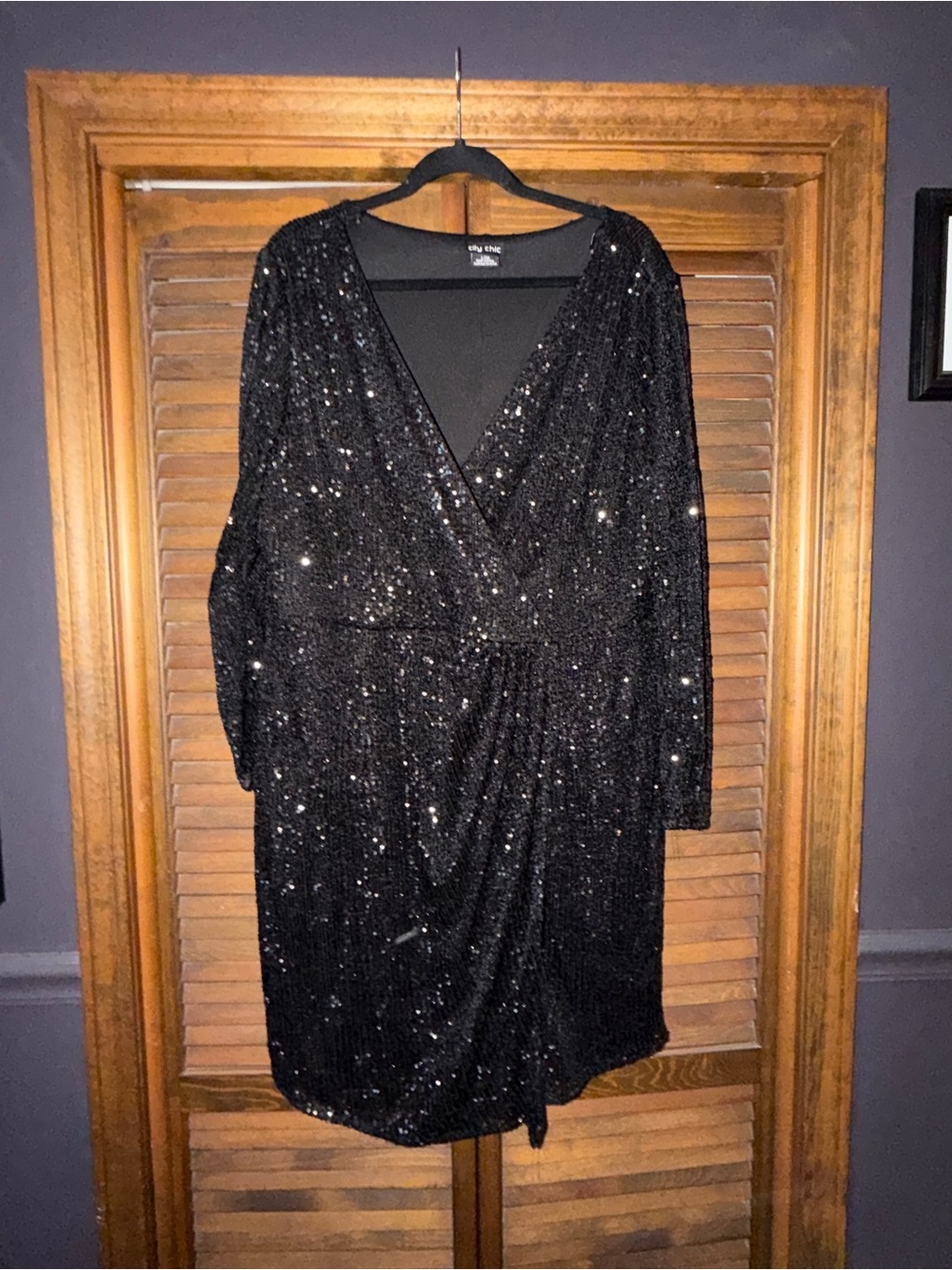 City Chic Black Sequin Long Sleeve Wrap Dress